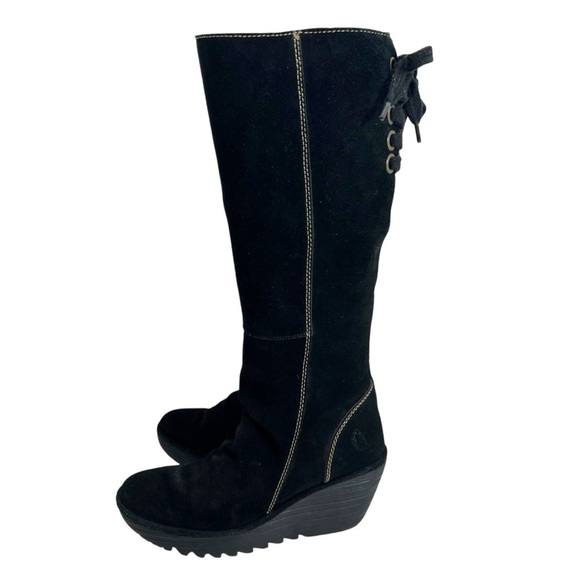 Fly London YUST Black Suede Knee-High Wedge Boots - Picture 1 of 16